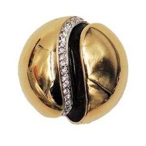 Vintage Signed Courreges Paris Goldtone Black Enamel & Clear Rhinestone Brooch